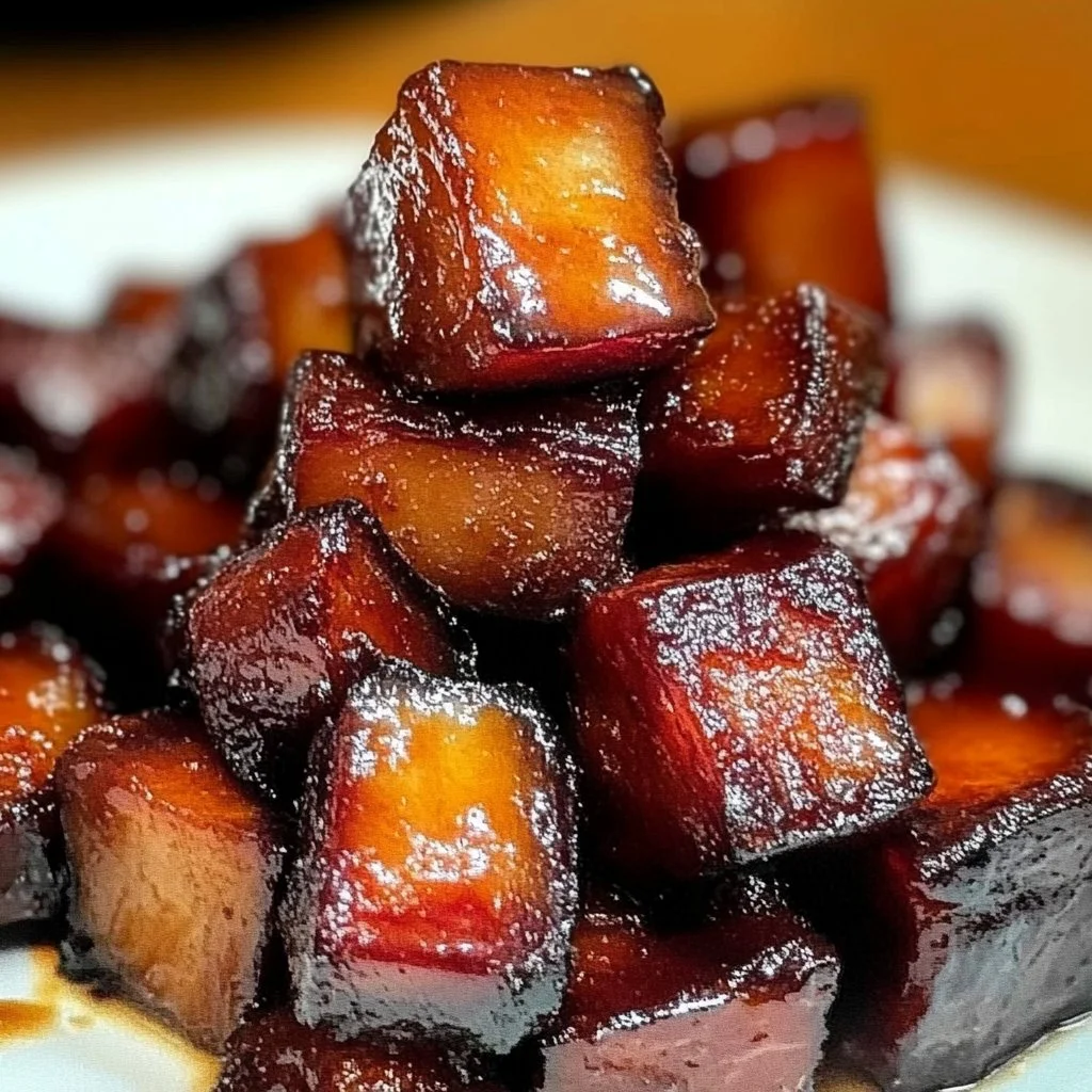 Delicious pork belly burnt ends served on a platter, ready to enjoy.