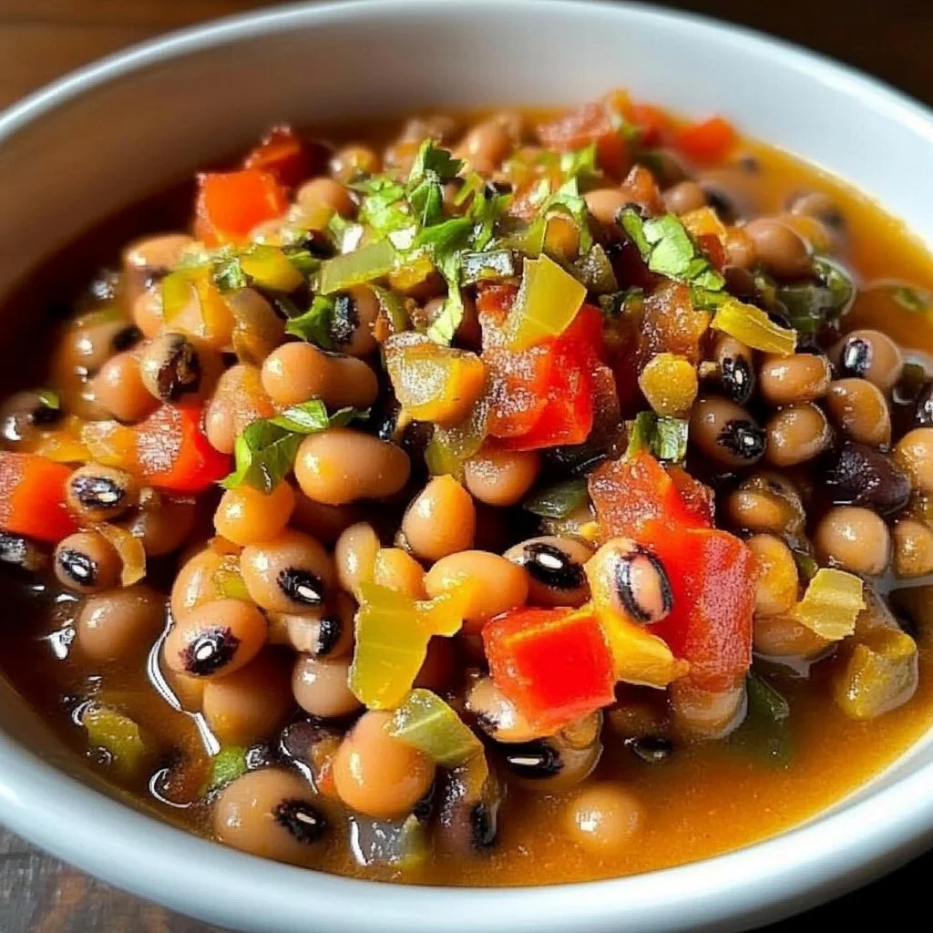 Plate of Creole Black Eyed Peas showcasing the dish's vibrant colors and textures.
