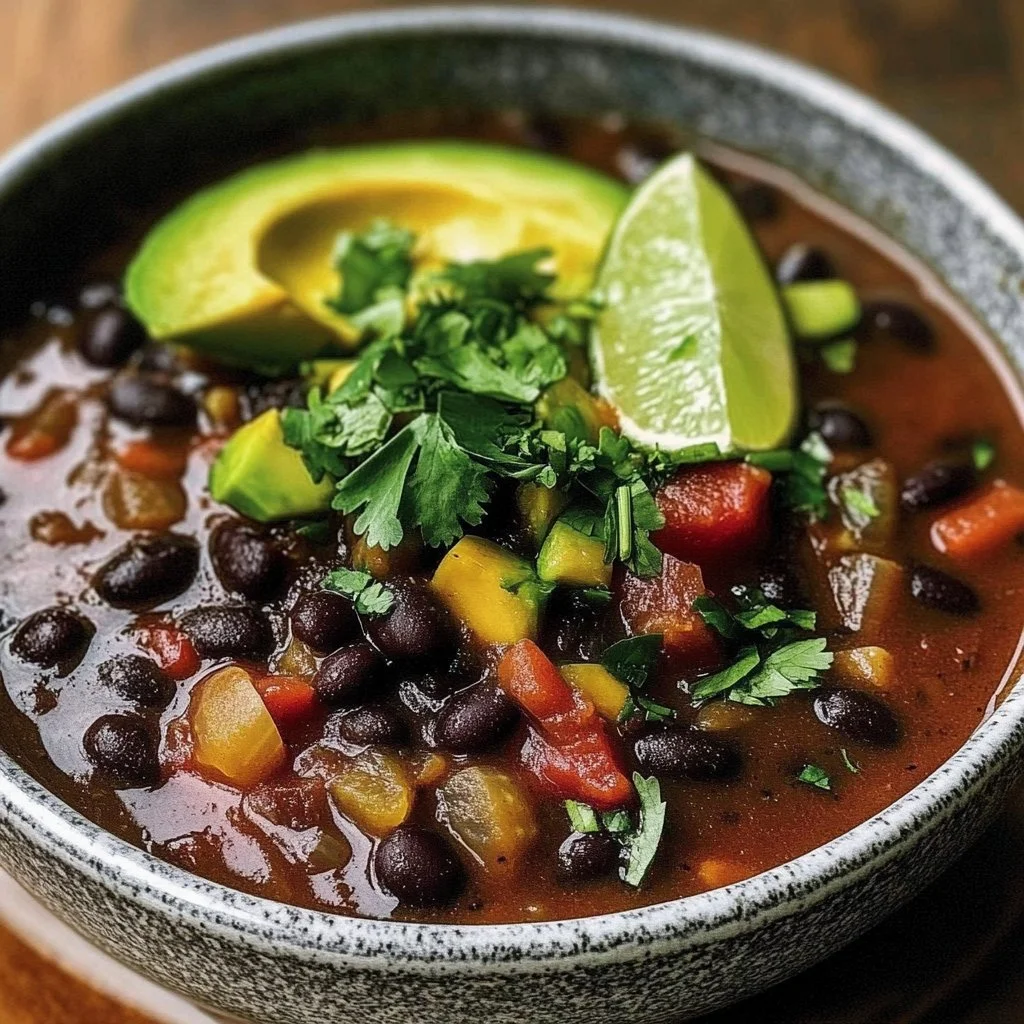 Daniel Fast black bean soup topped with avocado and lime slices in a bowl