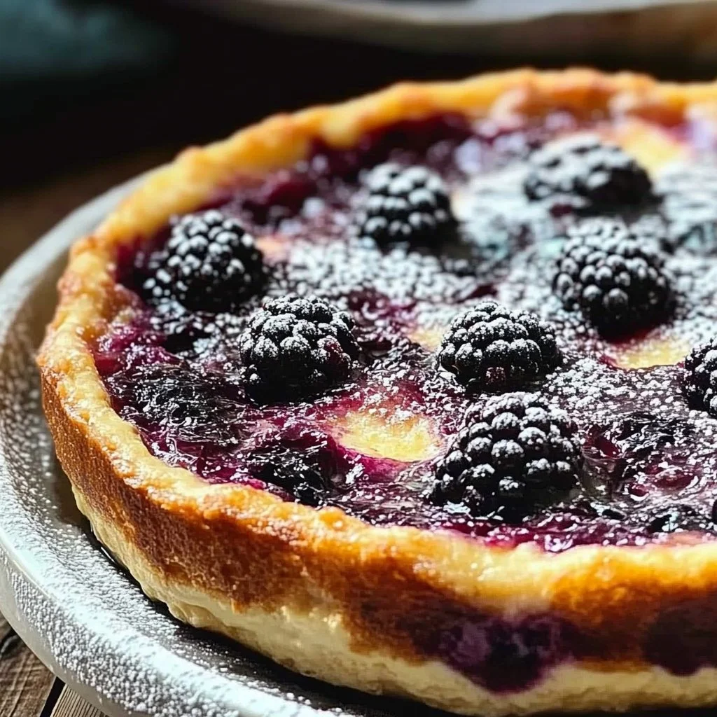 Delicious homemade blackberry clafoutis dessert served with fresh berries