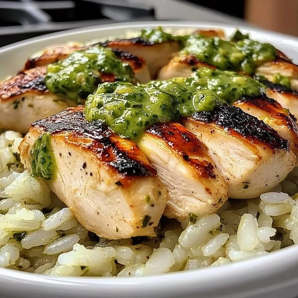 Plate of easy Peruvian chicken and rice with vibrant green sauce