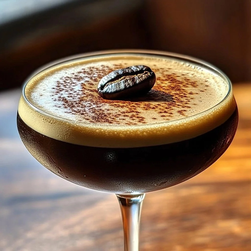 A stylish Espresso Martini cocktail served in a chic glass with coffee beans on top.