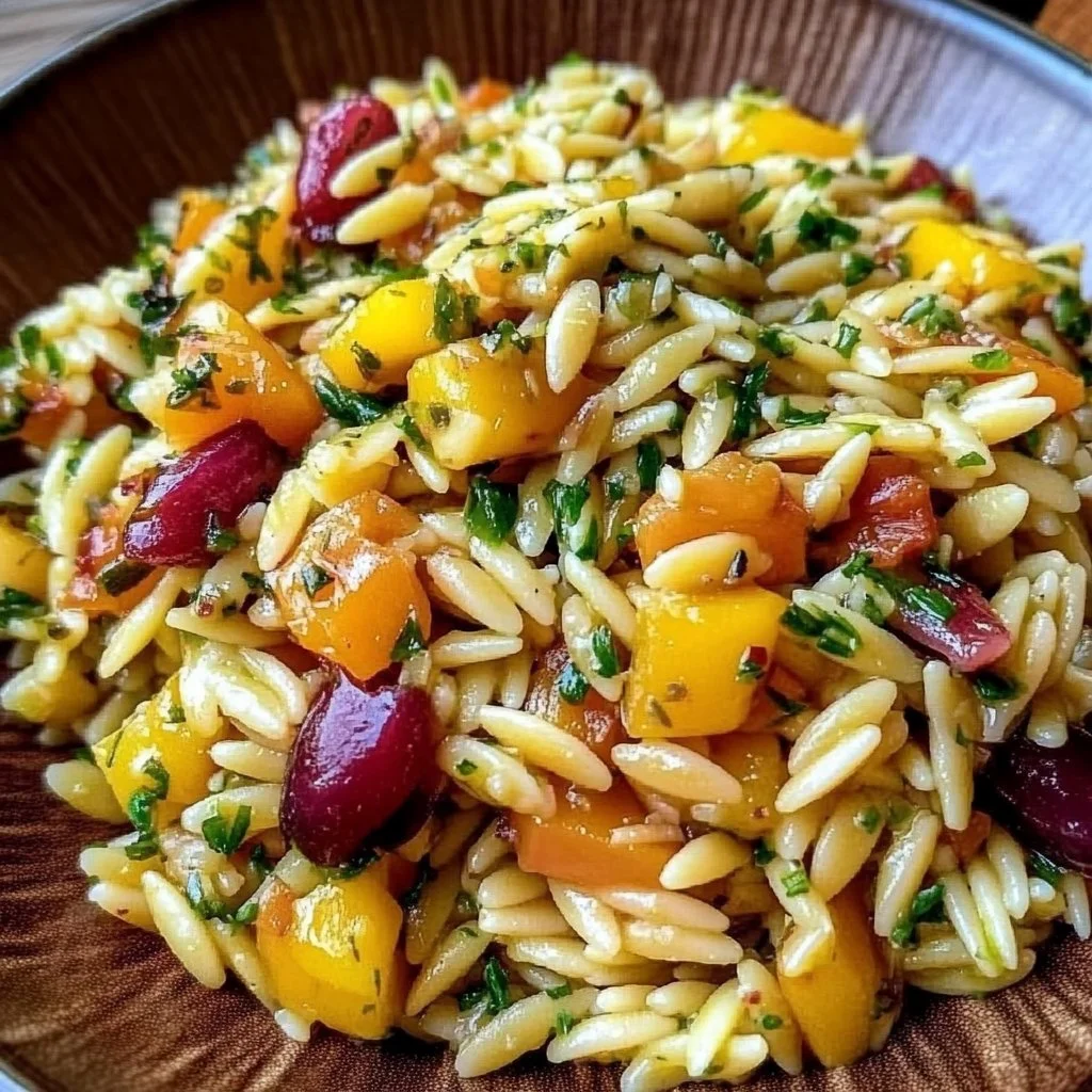 Fall Harvest Orzo Salad with seasonal veggies and herbs