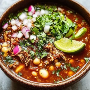 Delicious bowl of traditional pozole with garnishes