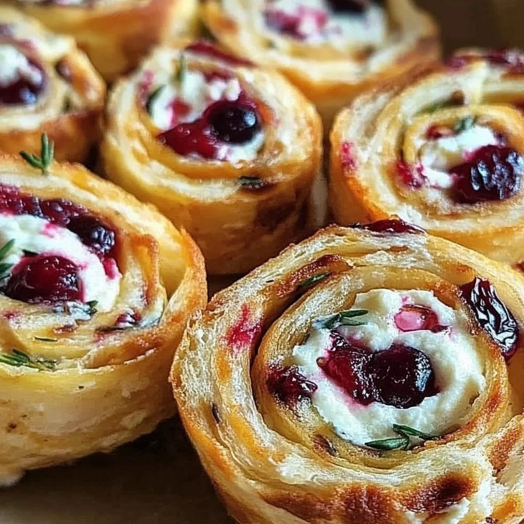 Festive Cranberry Feta Pinwheels rolled with cream cheese on a platter