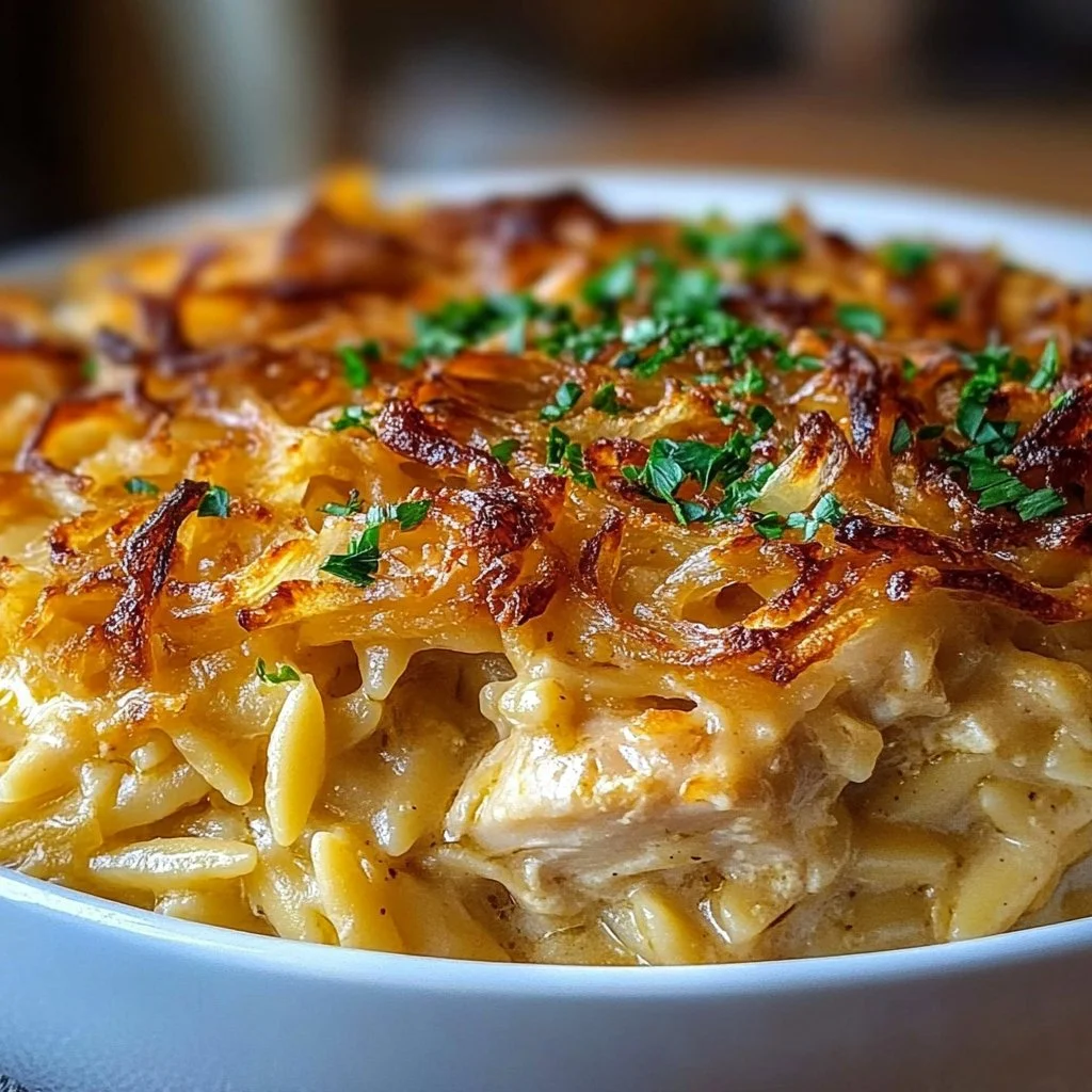 French Onion Chicken Orzo Casserole