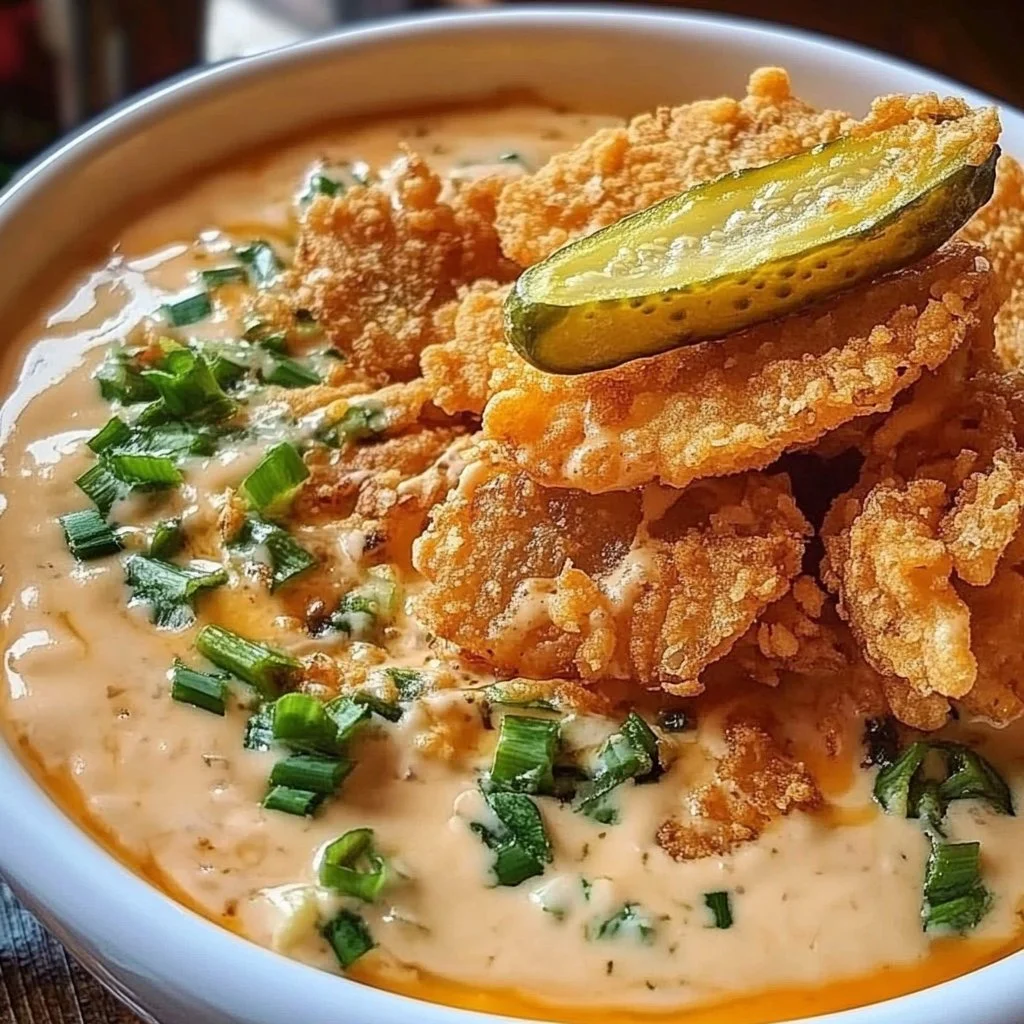 Delicious Fried Pickle Dip served with chips in a bowl