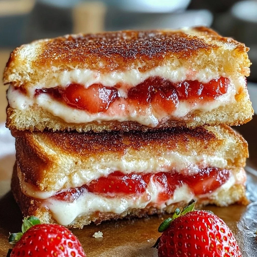 Fried strawberry cheesecake sandwiches served with fresh strawberries