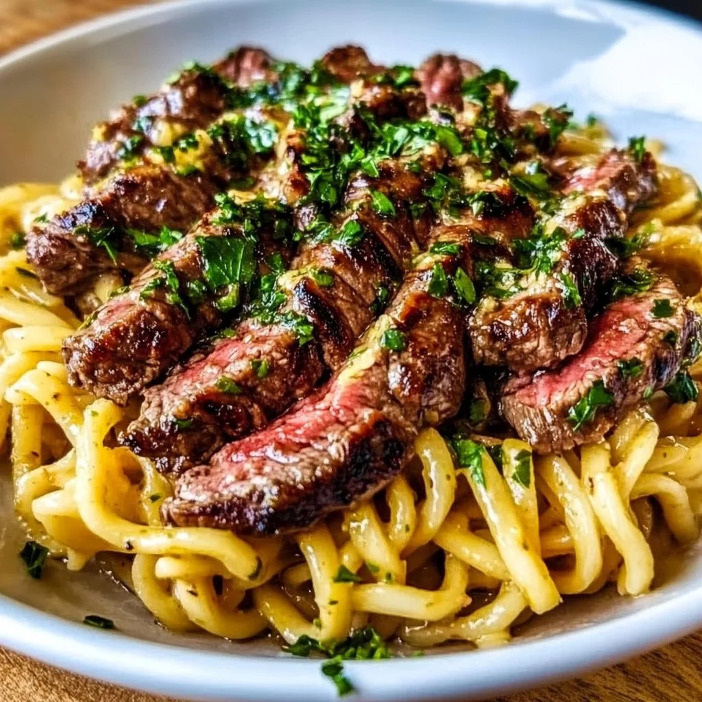 Delicious Garlic Butter Steak served over Lightning Noodles