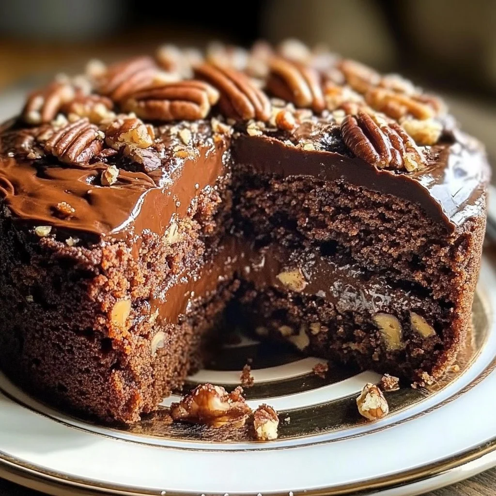 Slice of German Chocolate Pecan Pound Cake on a plate with chocolate frosting