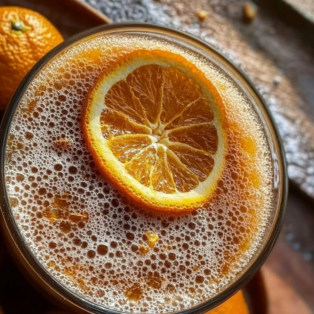 Gingerbread Orange Festive Fizz drink garnished with orange and gingerbread.