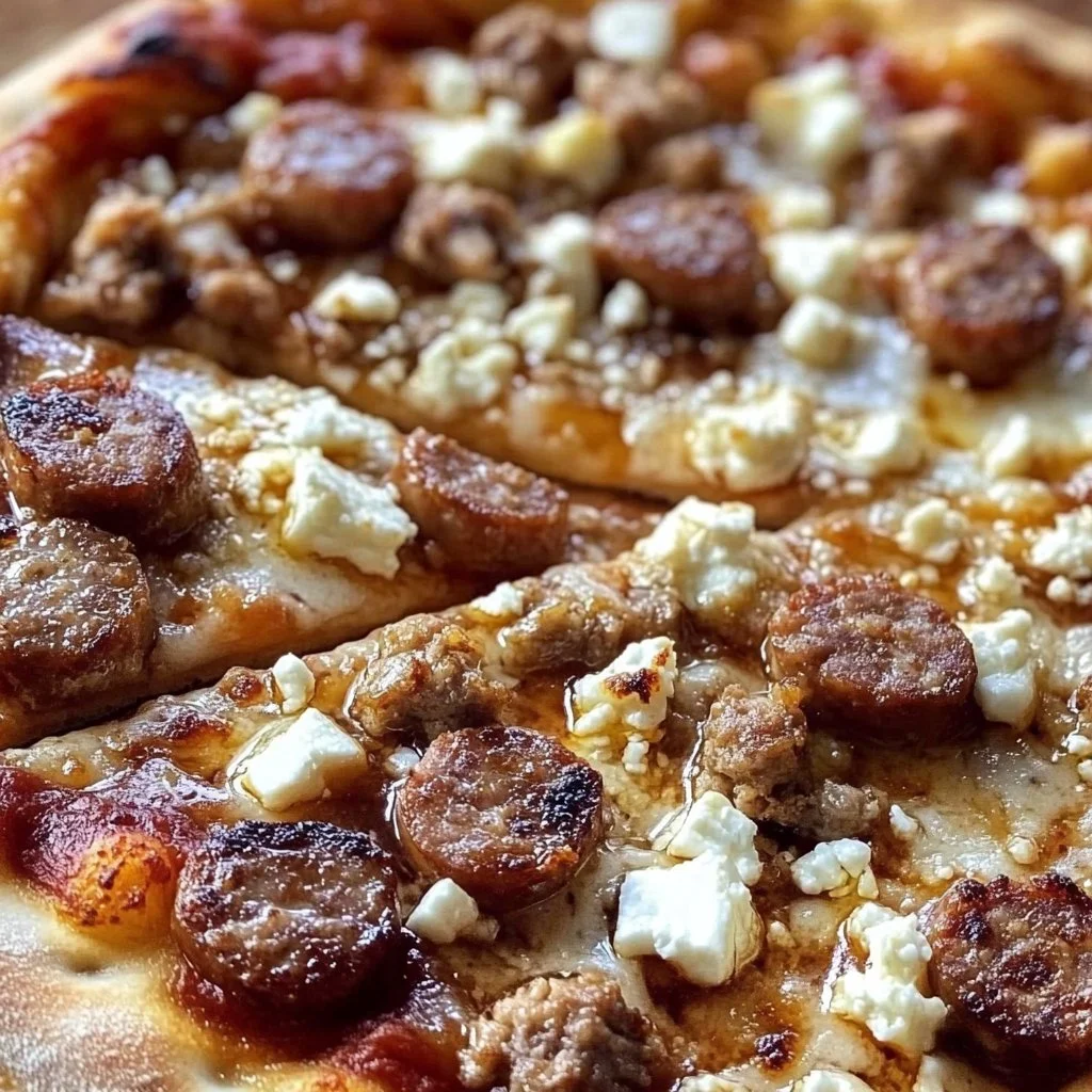 Hot honey and feta pizza garnished with fresh herbs and sausage slices.