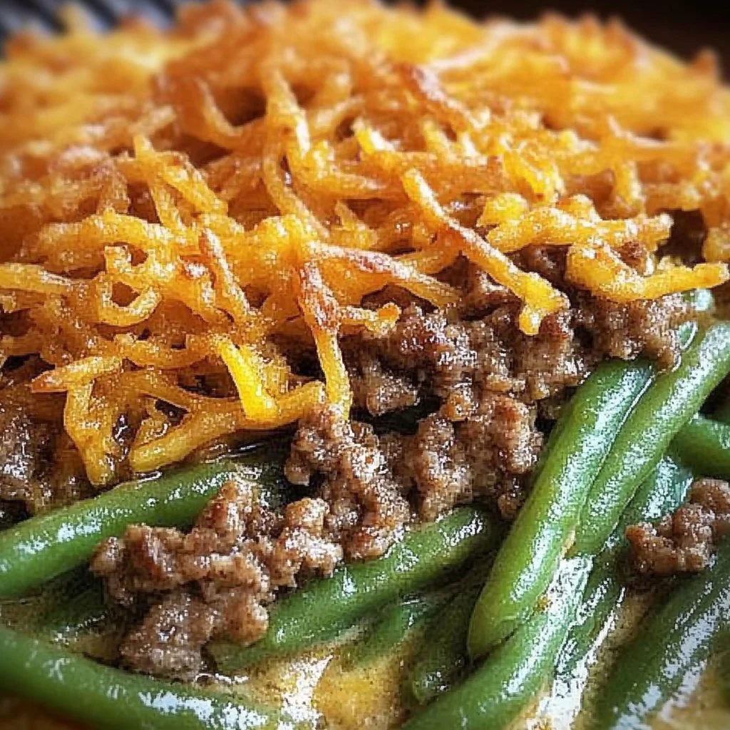 Delicious Hamburger Green Bean Casserole served in a baking dish