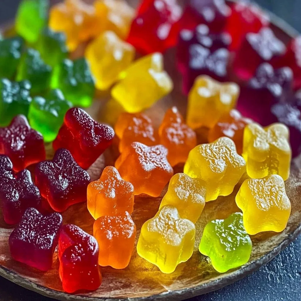 Colorful homemade gummies arranged on a plate, ready to eat.