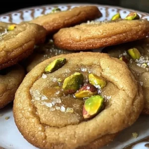 Freshly baked honey pistachio cookies on a rustic wooden table