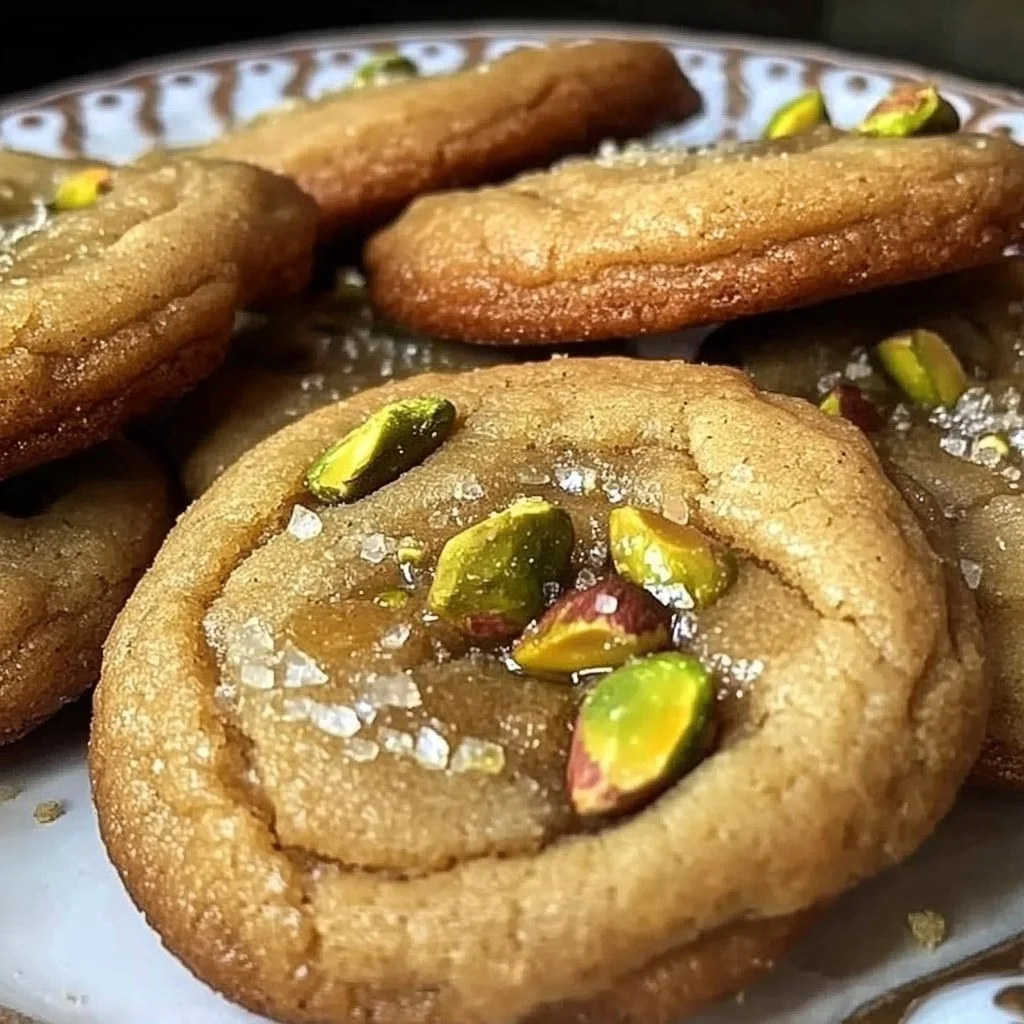 Freshly baked honey pistachio cookies on a rustic wooden table