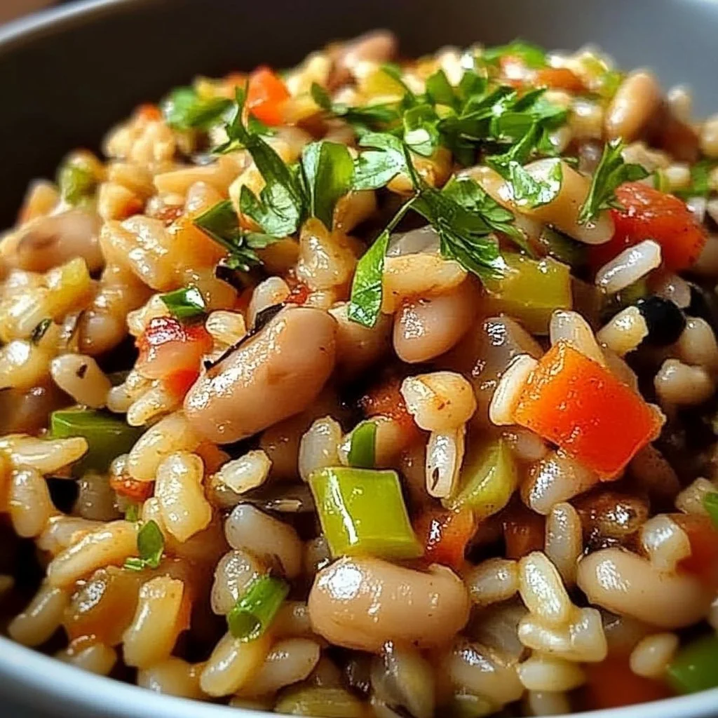 A bowl of Hoppin' John, a classic Southern dish made with black-eyed peas and rice.