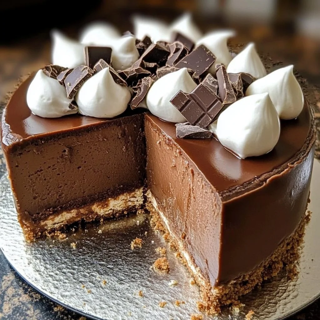 Delicious hot chocolate cheesecake topped with chocolate shavings and whipped cream.