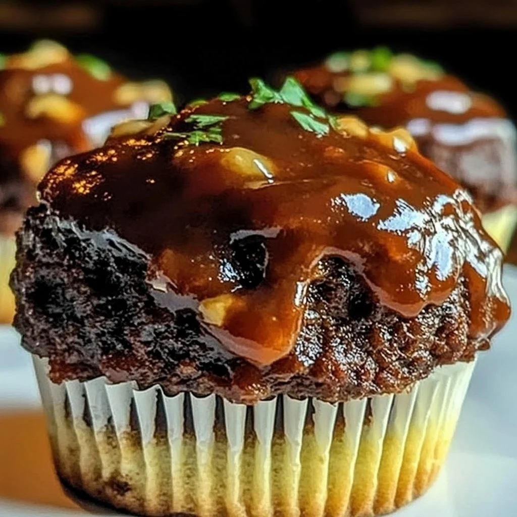 Delicious BBQ Meatloaf Cupcakes topped with smoky bourbon sauce
