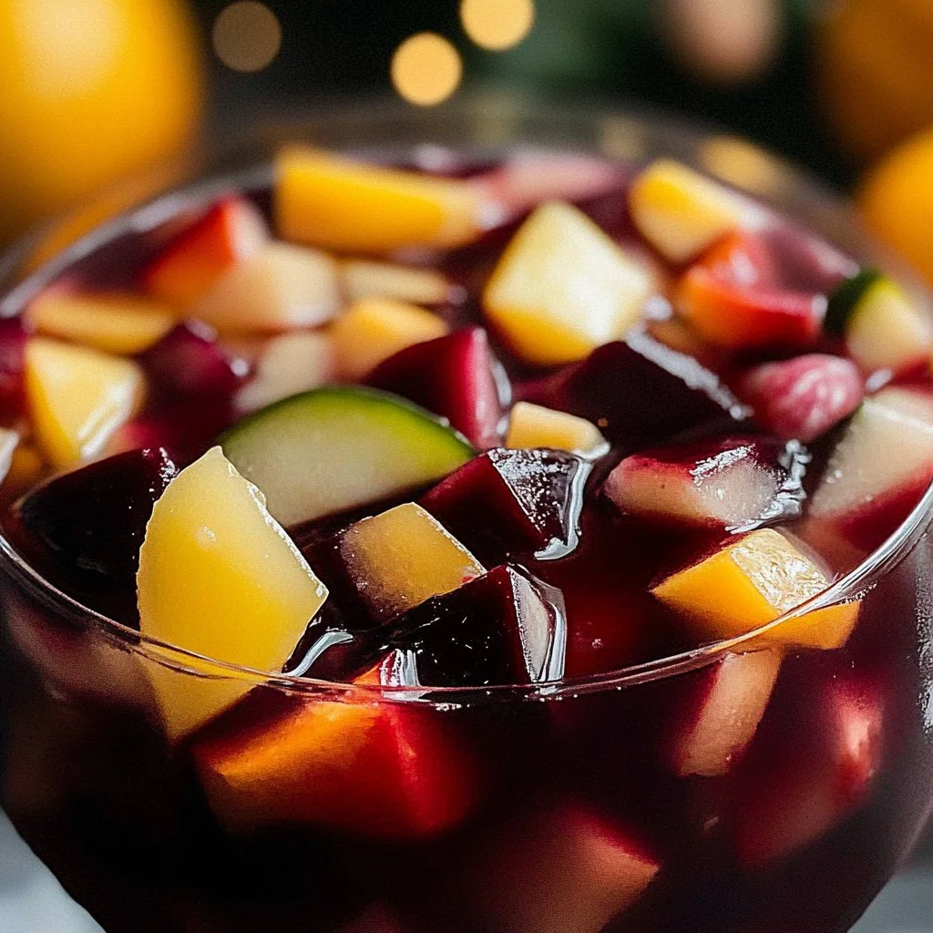 Colorful holiday sangria with fruits in a festive glass for Christmas celebration.