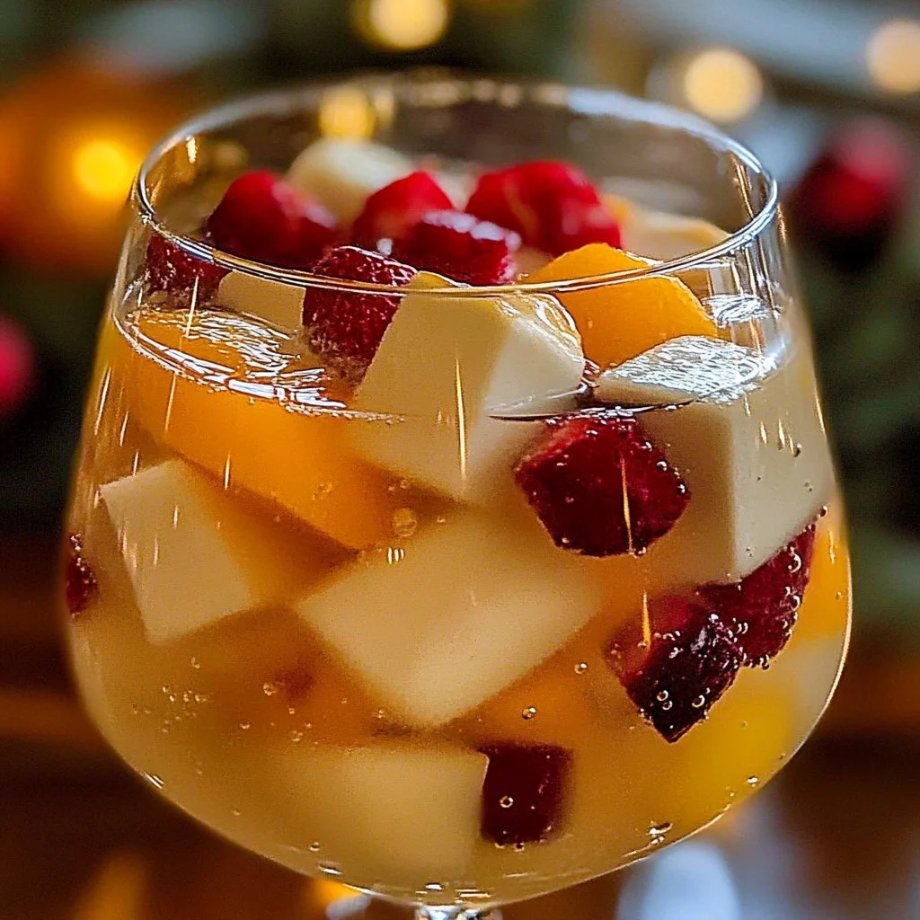 Glass of Irresistible White Christmas Sangria with fruits and spices.