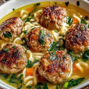 A bowl of Italian wedding soup with meatballs and greens, perfect for a cozy dinner.