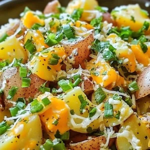 Delicious jalapeño popper potato salad served in a bowl with fresh ingredients