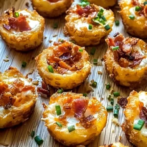 Plate of loaded tater tots appetizers topped with cheese, bacon, and green onions