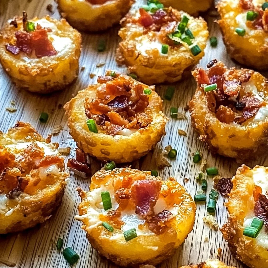 Plate of loaded tater tots appetizers topped with cheese, bacon, and green onions