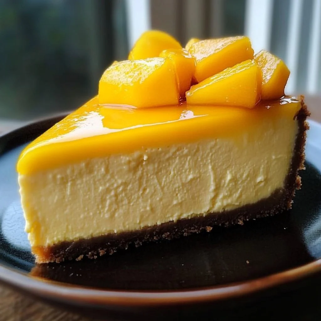 Delicious slice of mango cheesecake topped with fresh mango slices on a plate.