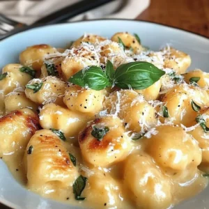 Creamy Millionaire Gnocchi dish served in a bowl, garnished with herbs.