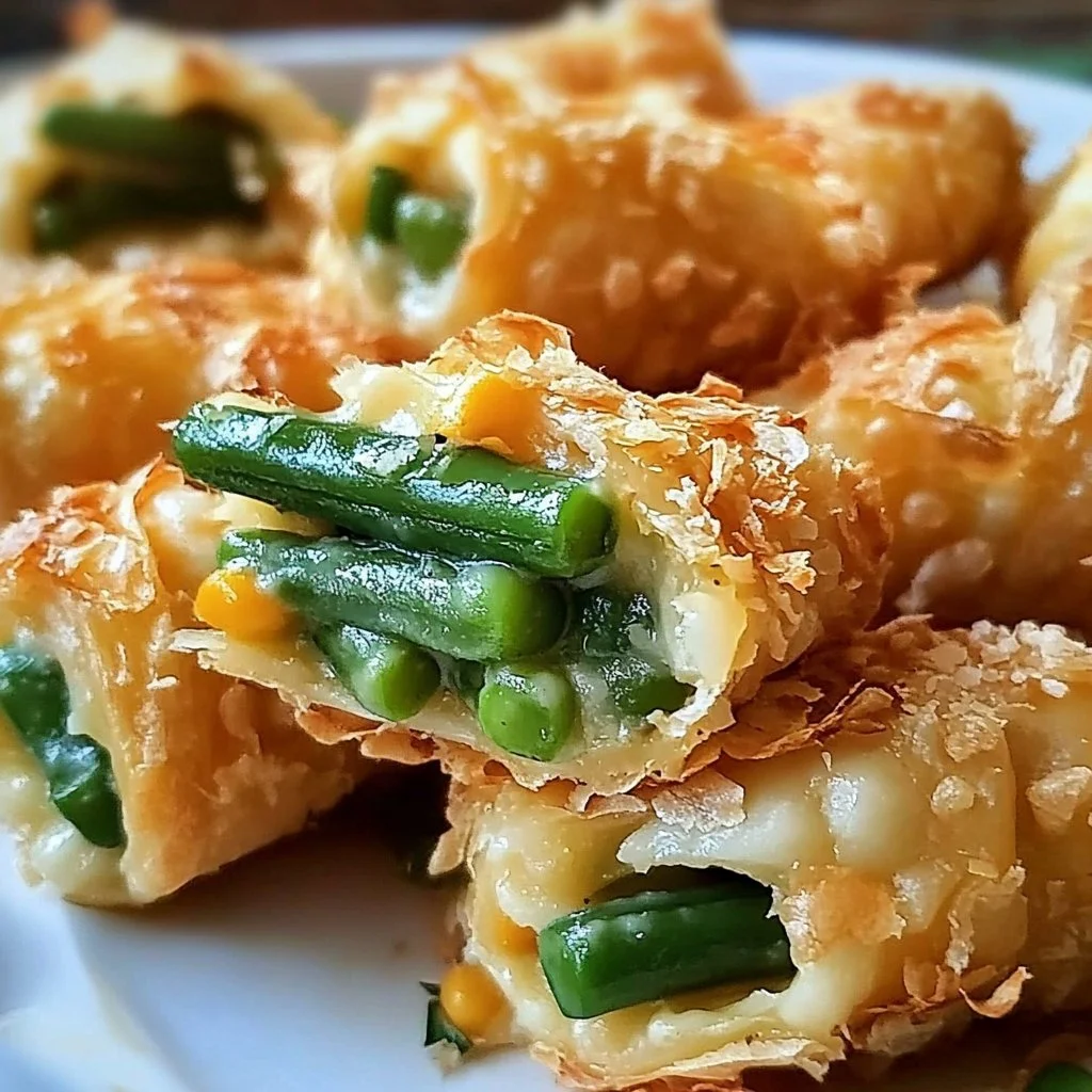 Mini green bean casserole bites served on a platter, perfect party appetizer.