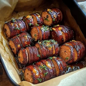 Mustard Hasselback Kielbasa Bites served on a white platter