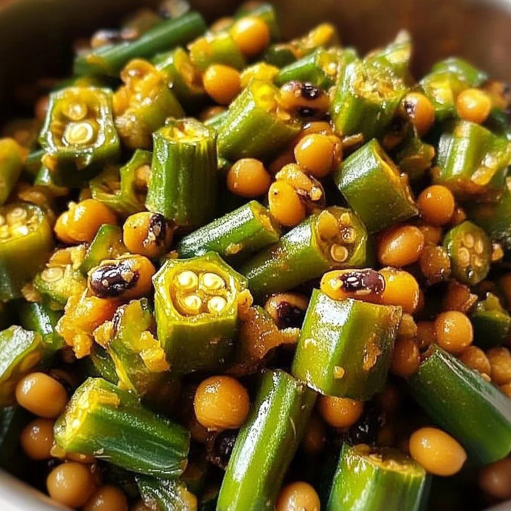 Plate of okra and black-eyed peas dish garnished with herbs