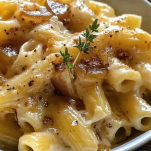 Delicious One Pot French Onion Pasta served in a bowl for a cozy meal.