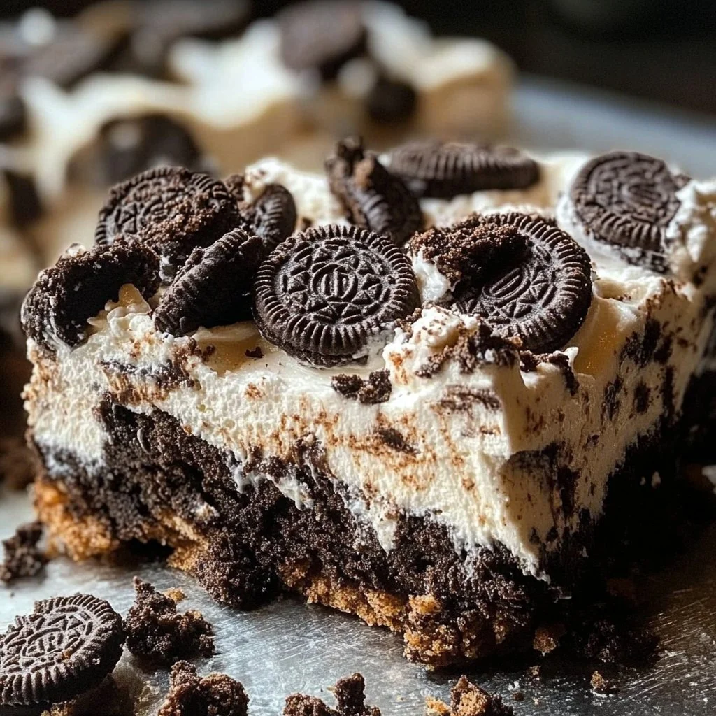 Deliciously layered Oreo Rocky Road Slice with chocolate and marshmallows