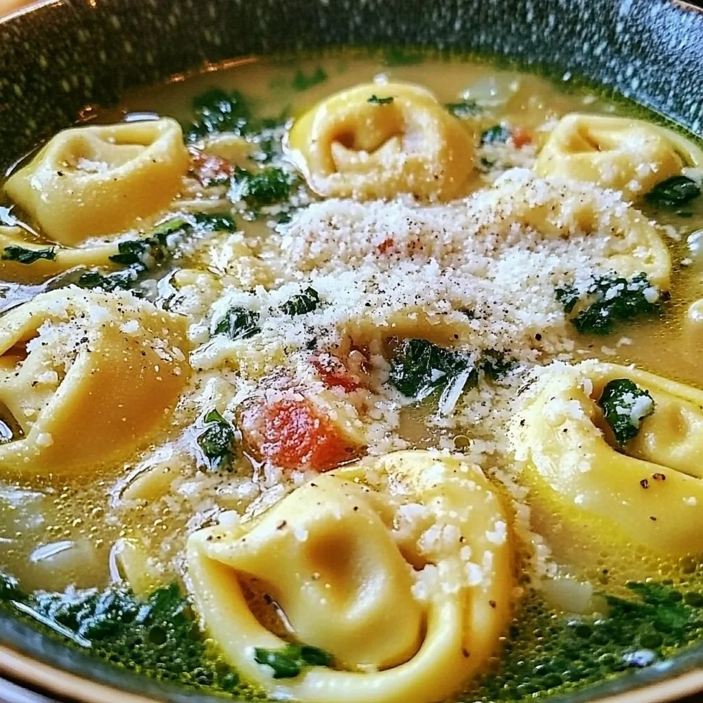 Bowl of comforting Parmesan Tortellini Soup garnished with herbs