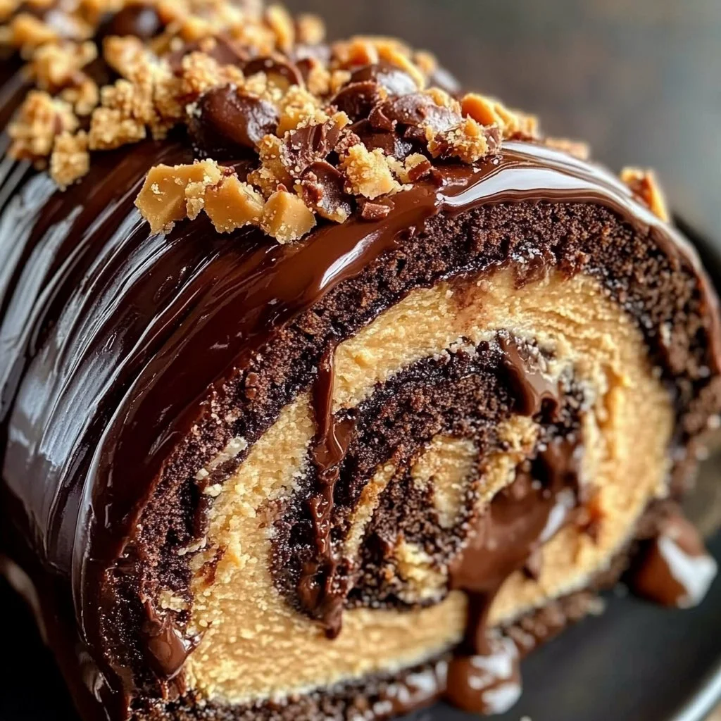 Delicious Peanut Butter Cup Chocolate Roll dessert with chocolate and peanut butter layers.