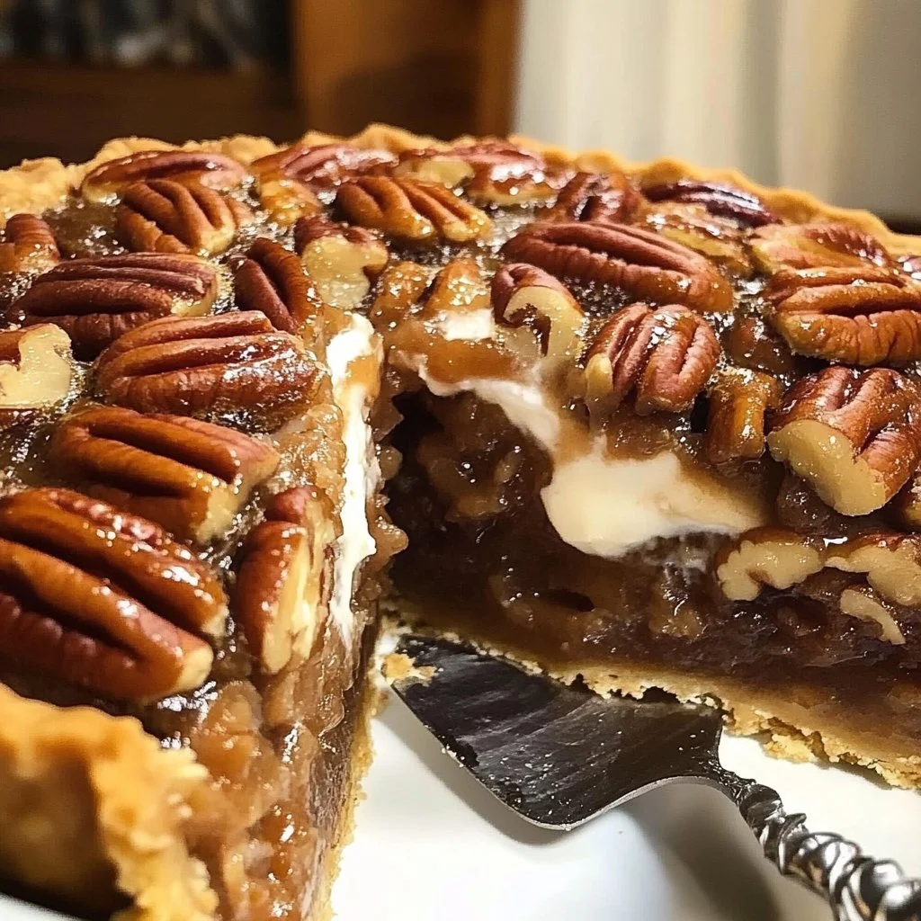 Delicious Pecan Pie Dump Cake served on a plate with a slice cut out.