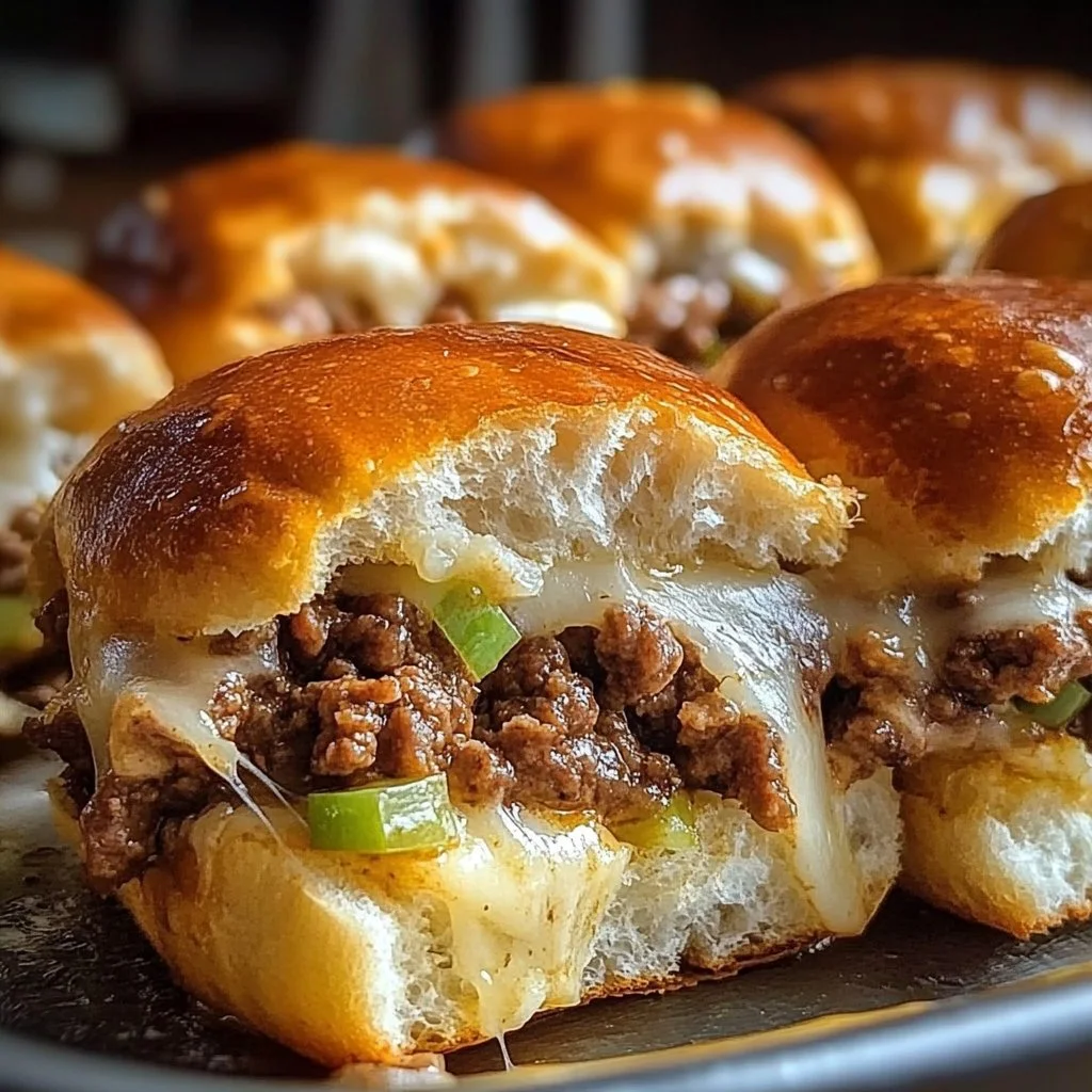 Delicious Philly Cheesesteak Sliders made with ground beef on a platter.