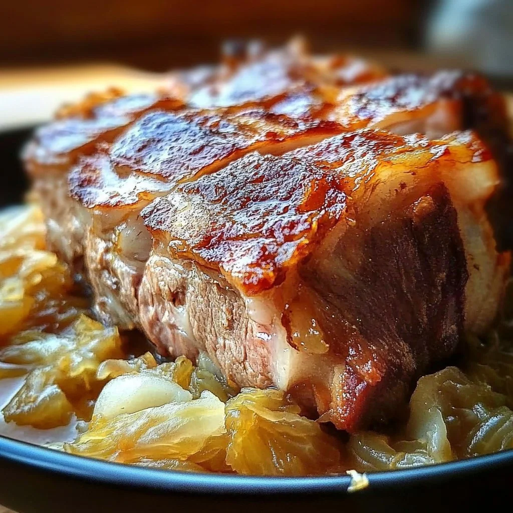 Delicious plate of pork and sauerkraut served with sides