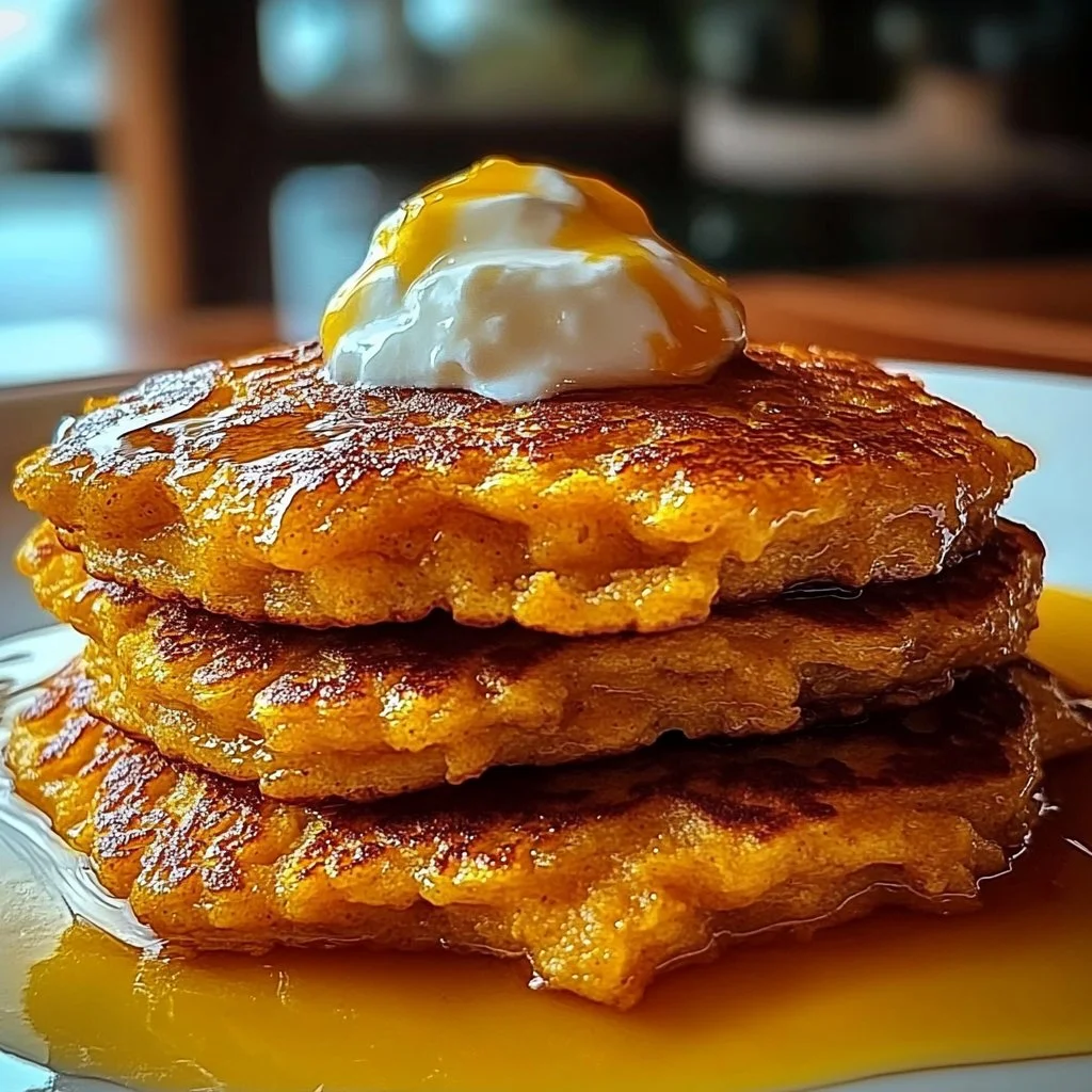 Fluffy Pumpkin Pancakes topped with syrup and whipped cream on a plate.