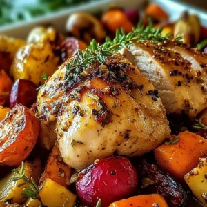Roasted garlic chicken served with colorful vegetables on a plate.