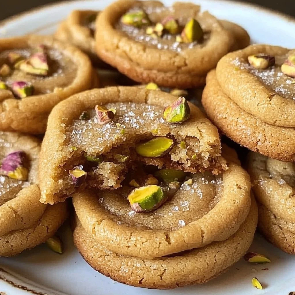Salted Honey Pistachio Cookies arranged on a plate with a sprinkle of sea salt