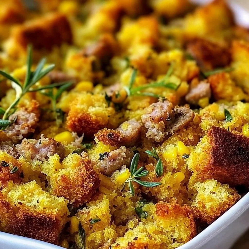 Sausage Southern Cornbread Stuffing served in a rustic bowl