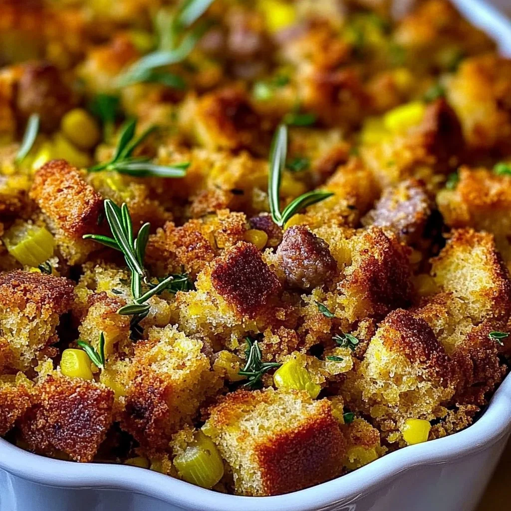 Delicious Sausage Southern Cornbread Stuffing served in a bowl