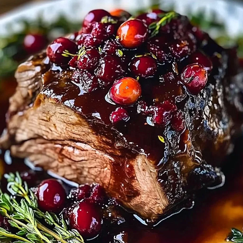 Slow-braised beef roast with cranberry balsamic glaze on a white plate
