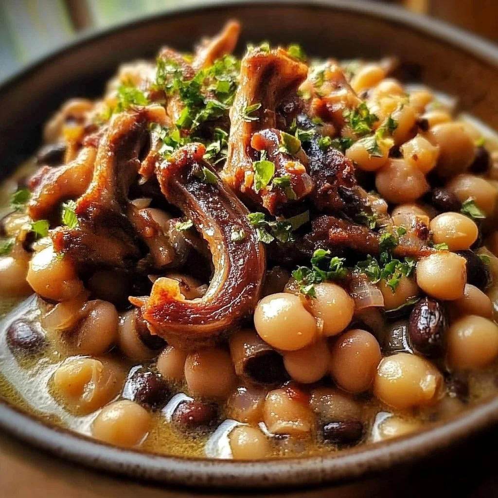 Southern black eyed peas and neck bones in a bowl, ready to serve.