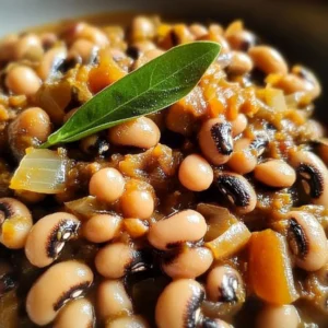 Southern-style black-eyed peas dish garnished with herbs and spices.