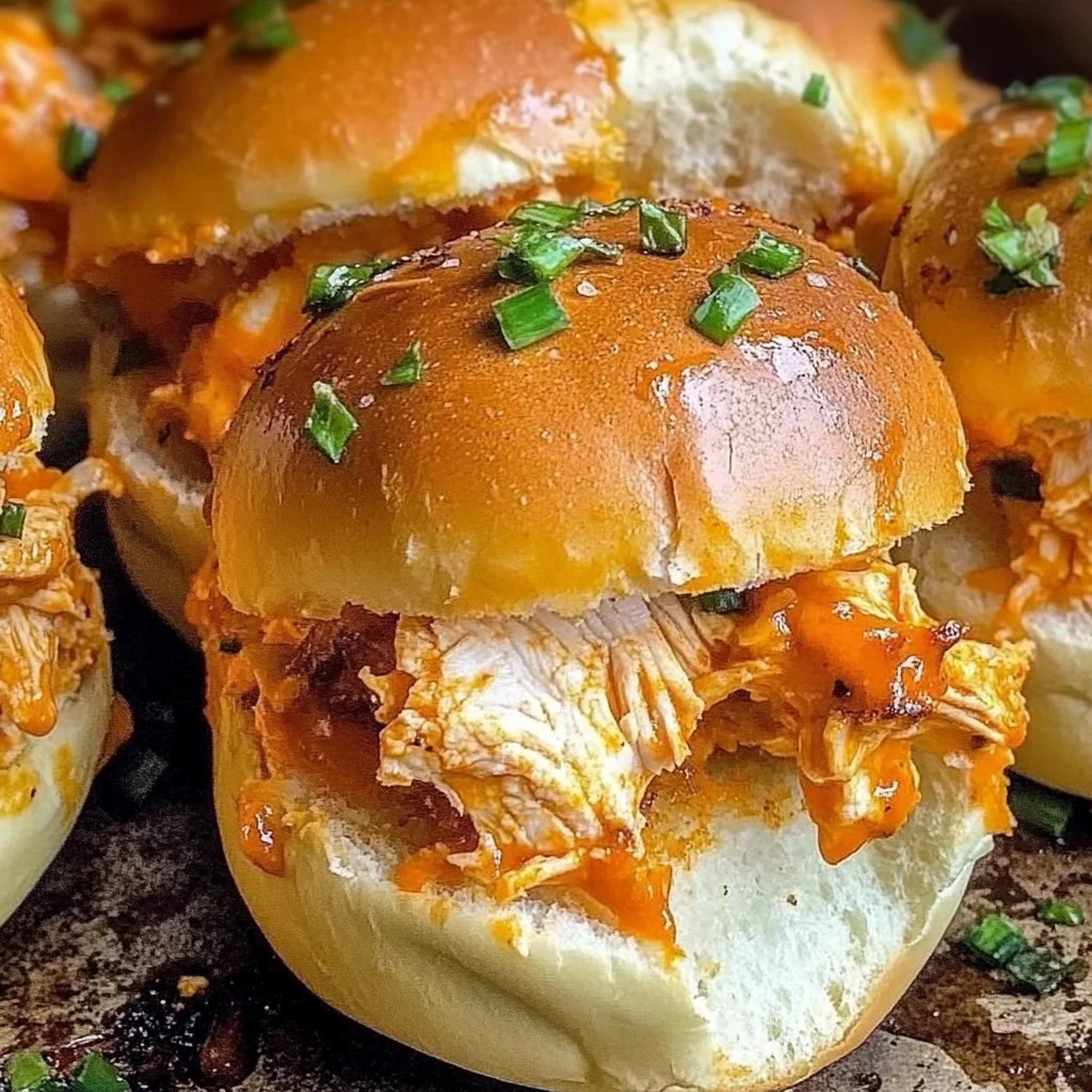 Spicy Buffalo Chicken Sliders on a plate with garnishes.